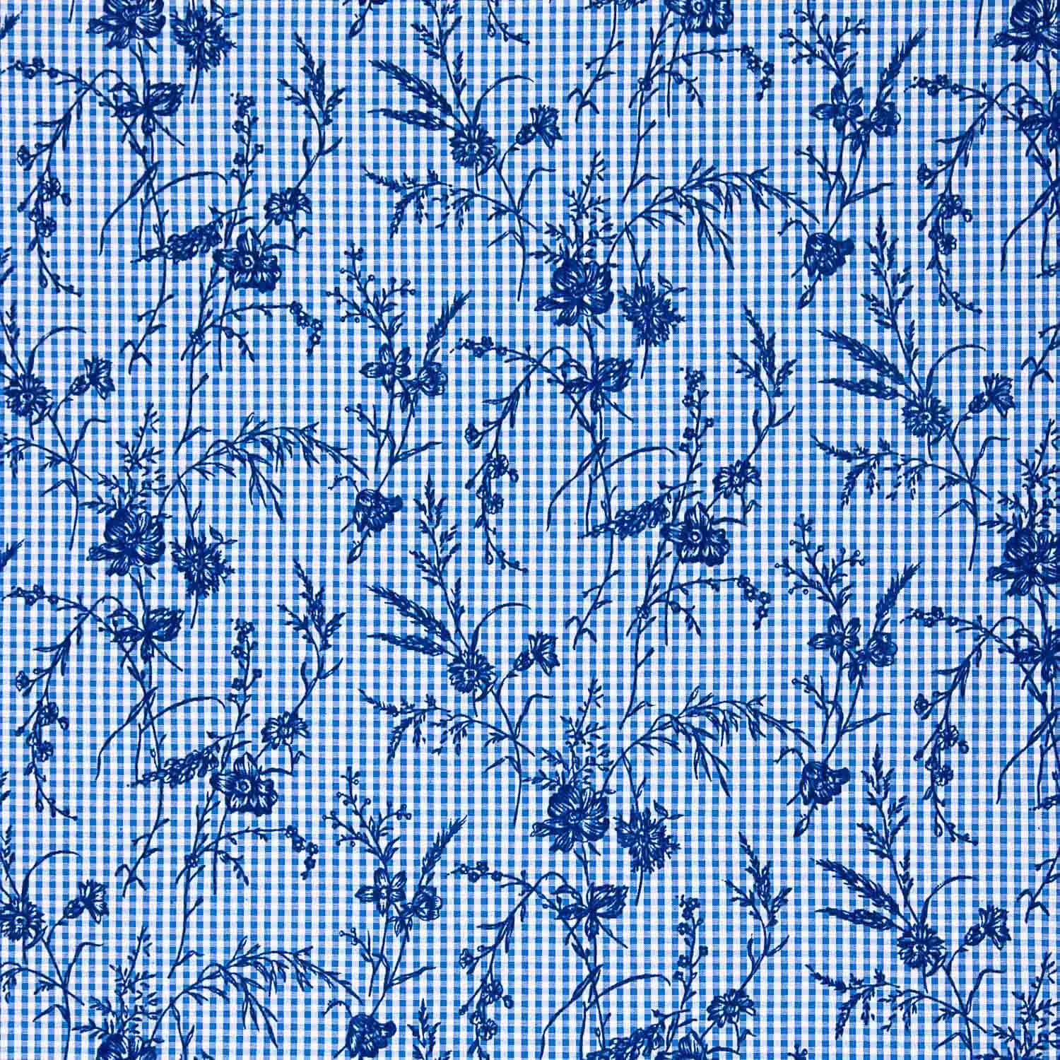 Blue Floral Flocked Cotton Vichy - Ribes y Casals