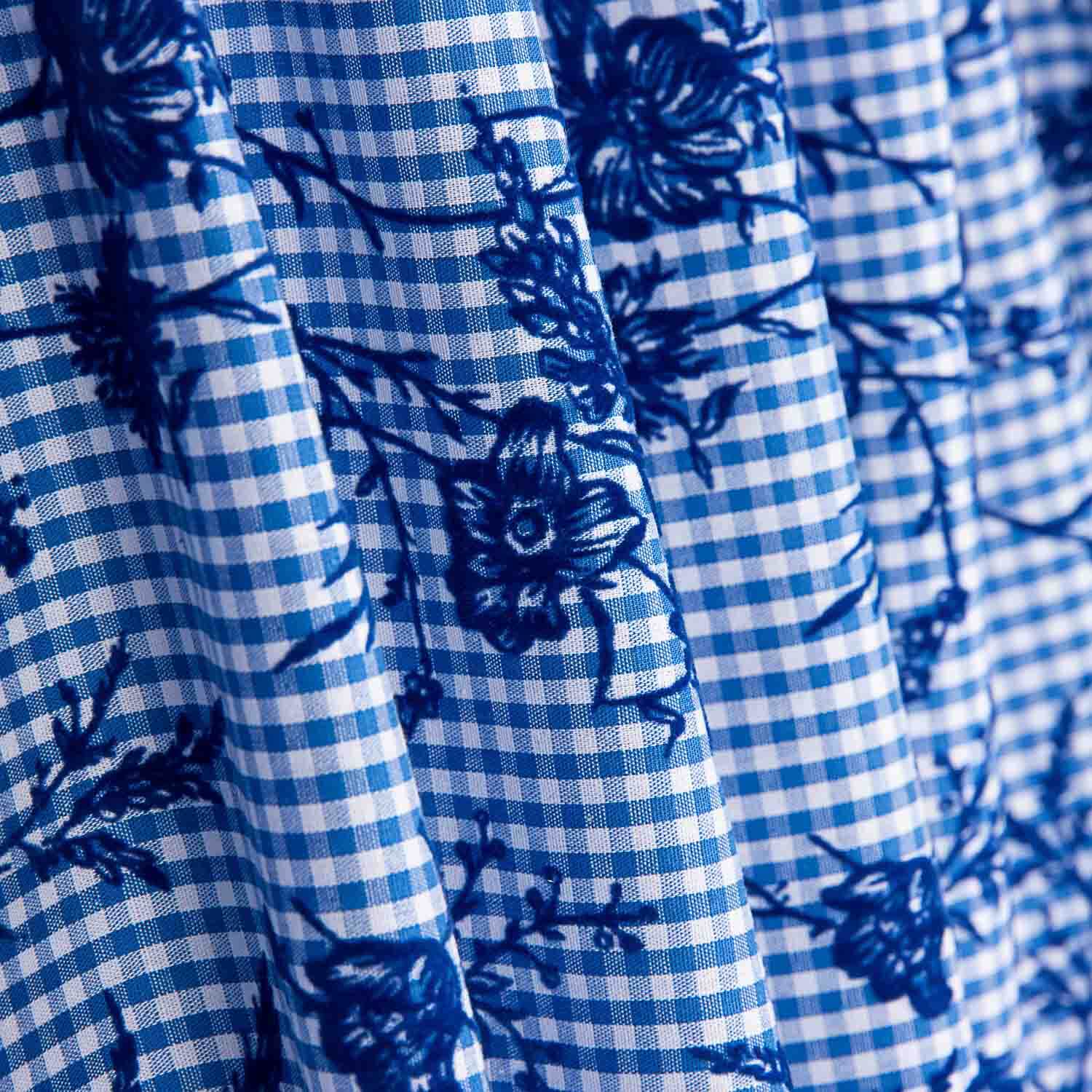 Blue Floral Flocked Cotton Vichy - Ribes y Casals