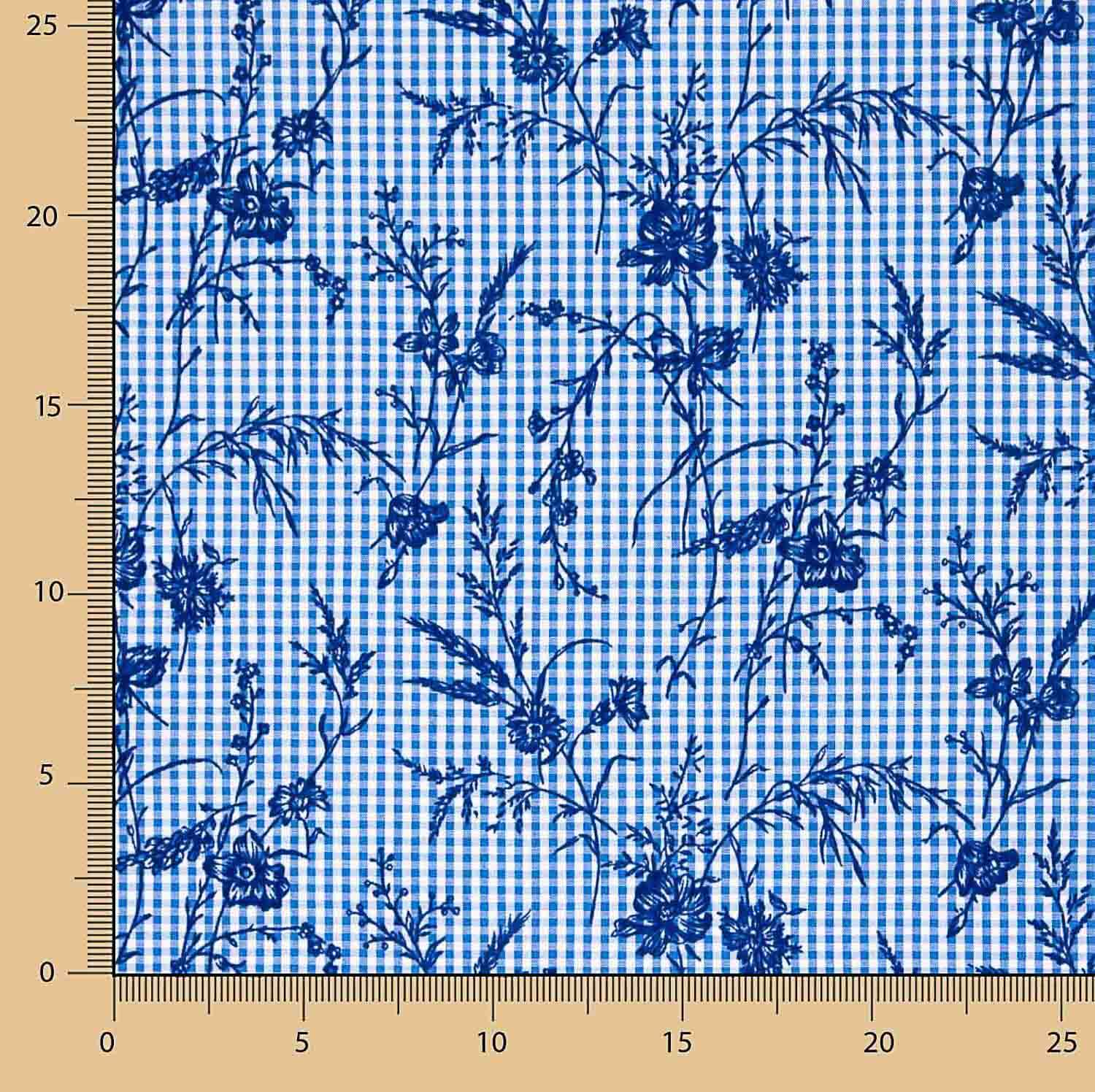 Blue Floral Flocked Cotton Vichy - Ribes y Casals