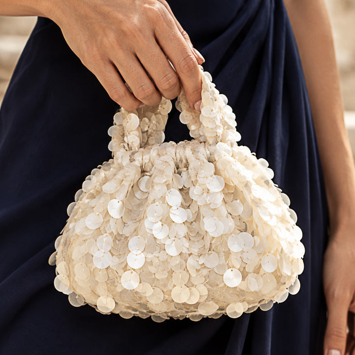 Unbleached Tulle with Mother-of-Pearl Shimmer and Petal Sequin Fabric - Ribes y Casals