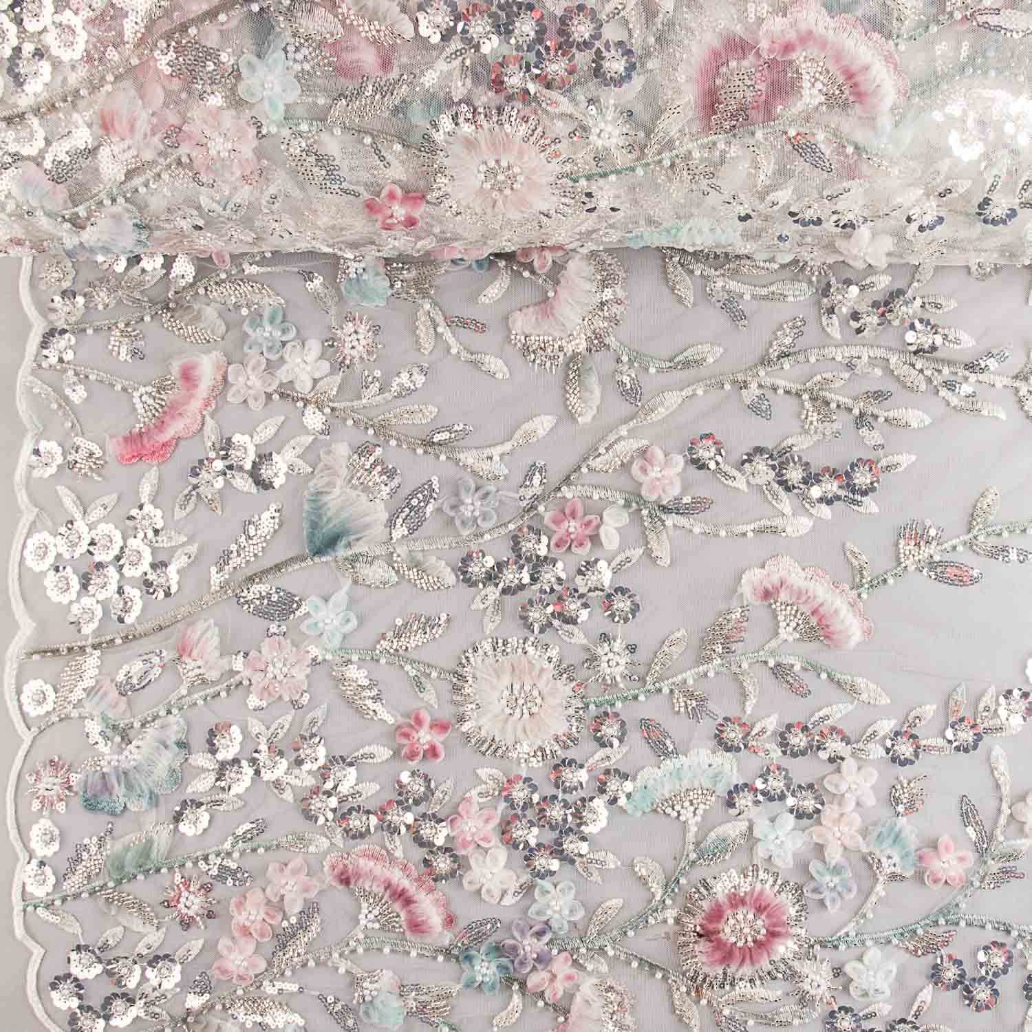 White Tulle Rhinestones with Gradient Flowers in Soft Tones - Ribes y Casals