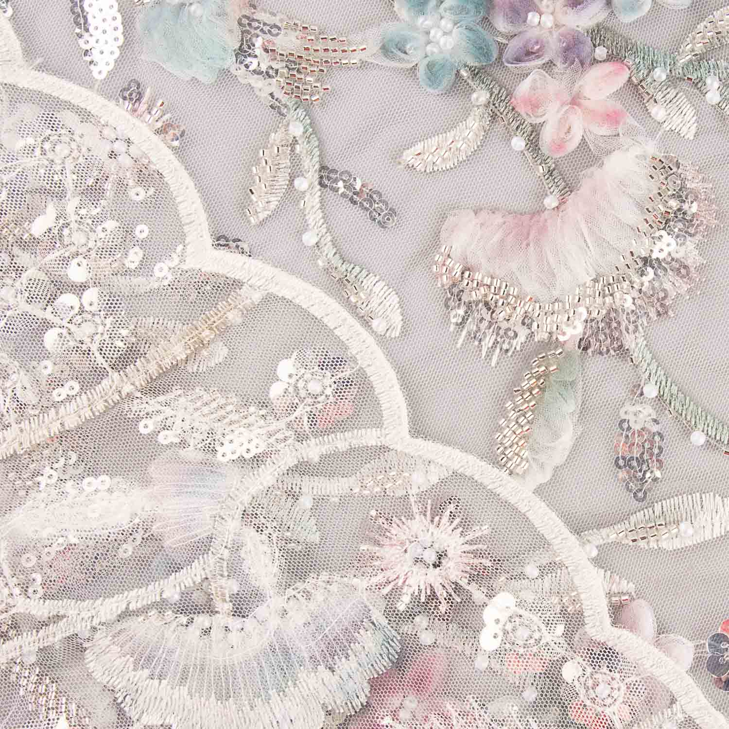 White Tulle Rhinestones with Gradient Flowers in Soft Tones - Ribes y Casals
