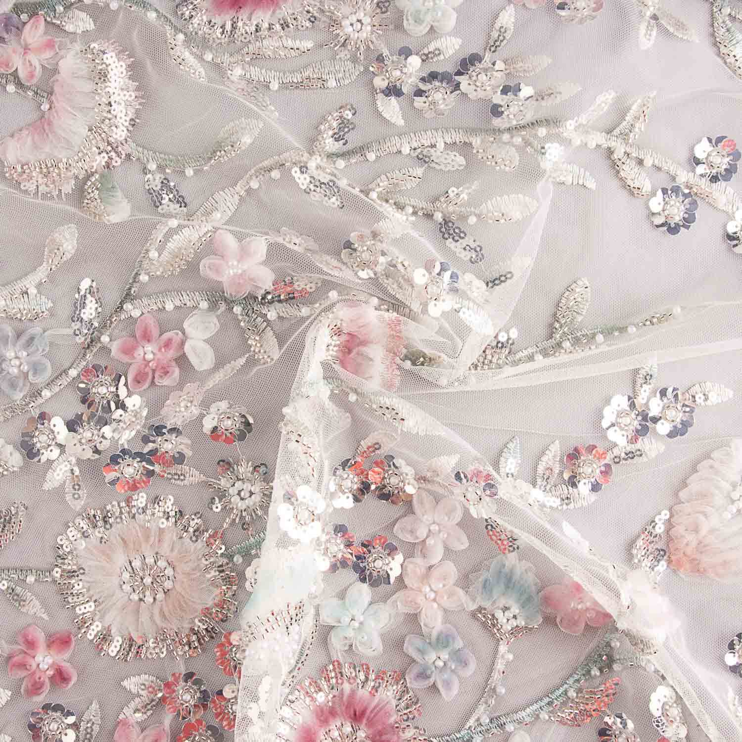 White Tulle Rhinestones with Gradient Flowers in Soft Tones - Ribes y Casals