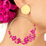 Gold Hoop Flamenco Earrings with Fuchsia Flowers - Ribes y Casals