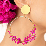 Gold Hoop Flamenco Earrings with Fuchsia Flowers - Ribes y Casals