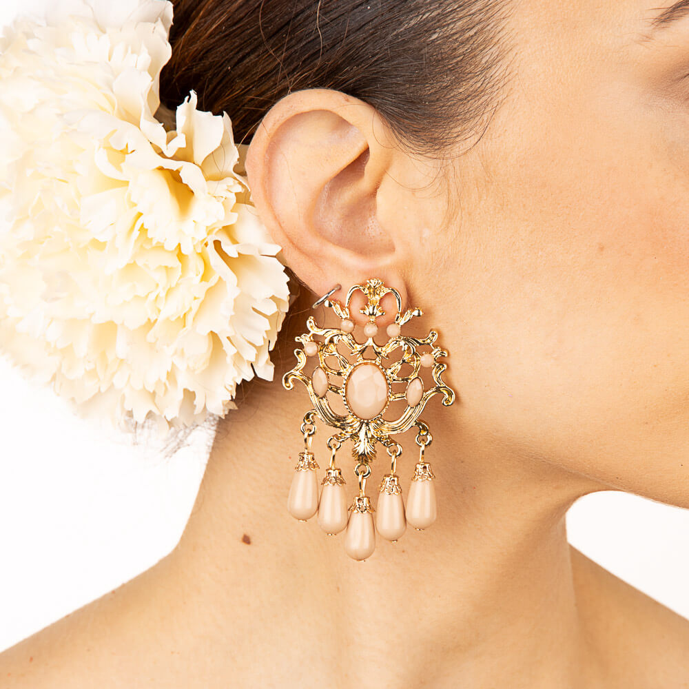 Gold Flamenco Earrings with Beige Teardrops - Ribes y Casals