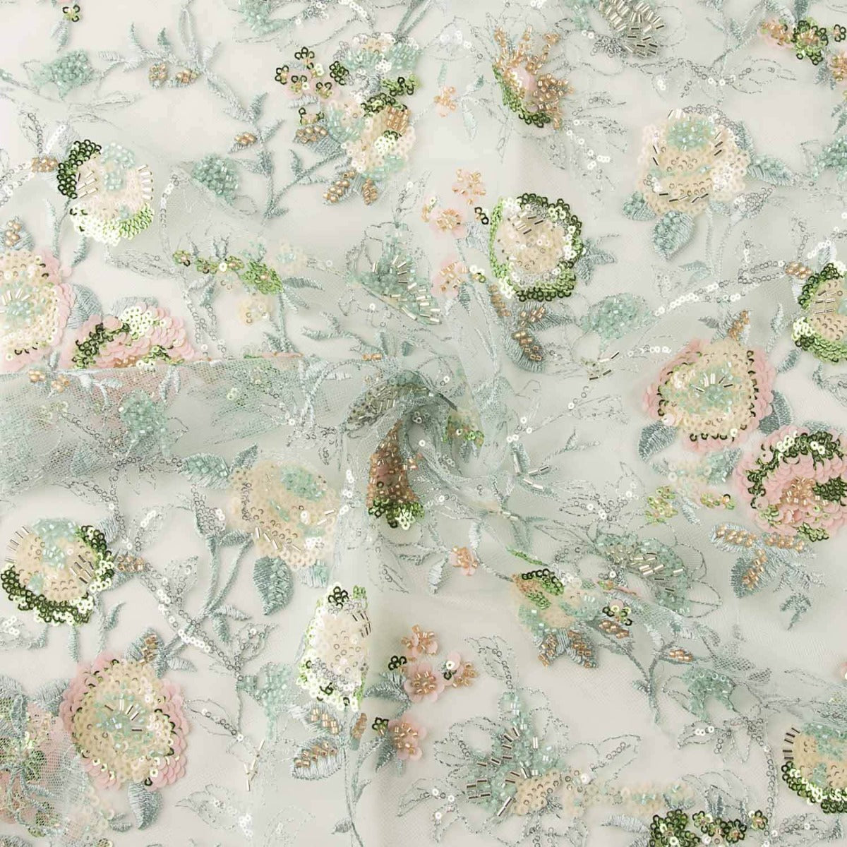 Flat Mint Green Sequin Embroidered Tulle - Ribes y Casals