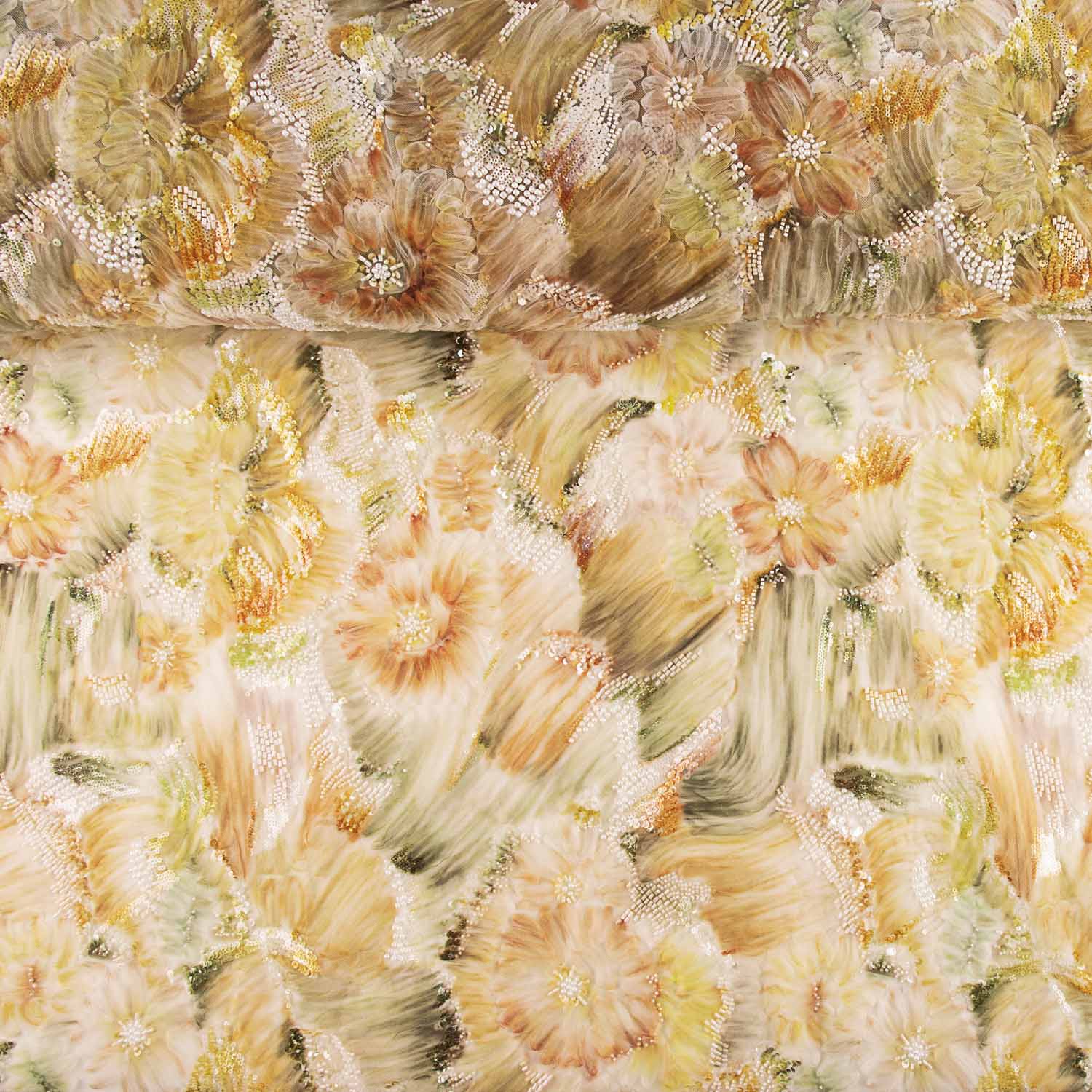 White Tulle Rhinestones, Floral Print, Natural Tones - Ribes y Casals