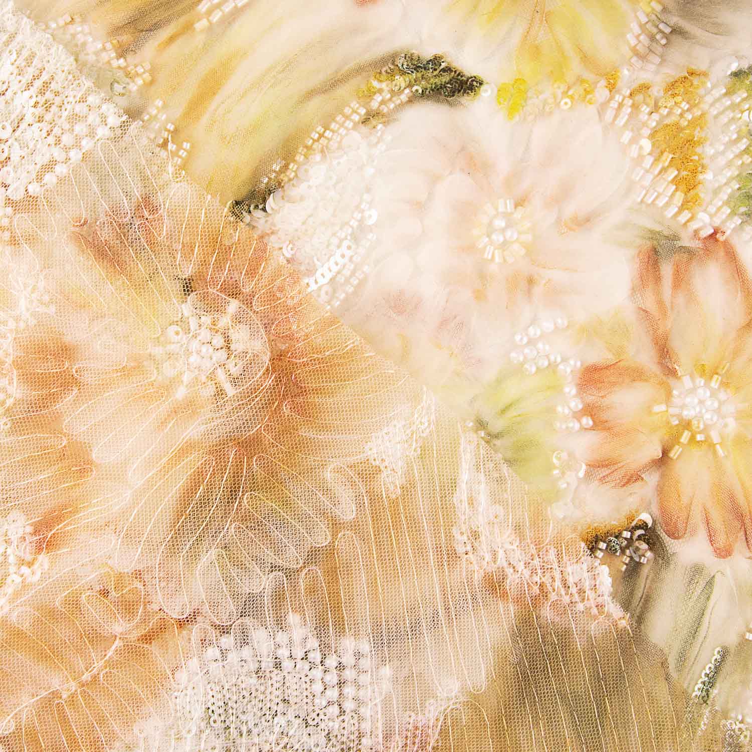White Tulle Rhinestones, Floral Print, Natural Tones - Ribes y Casals