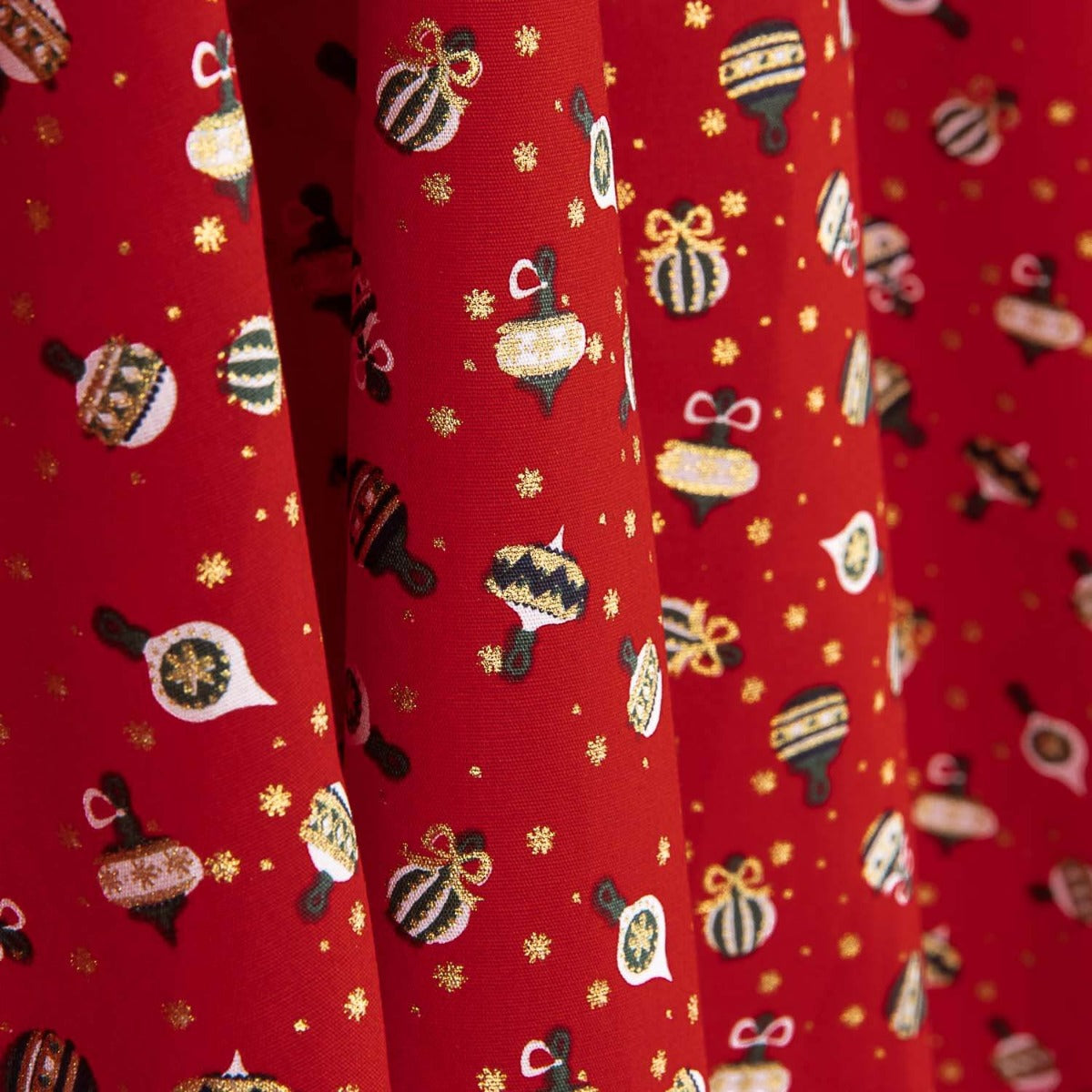 Vintage Red Baubles Printed Christmas Poplin - Ribes y Casals