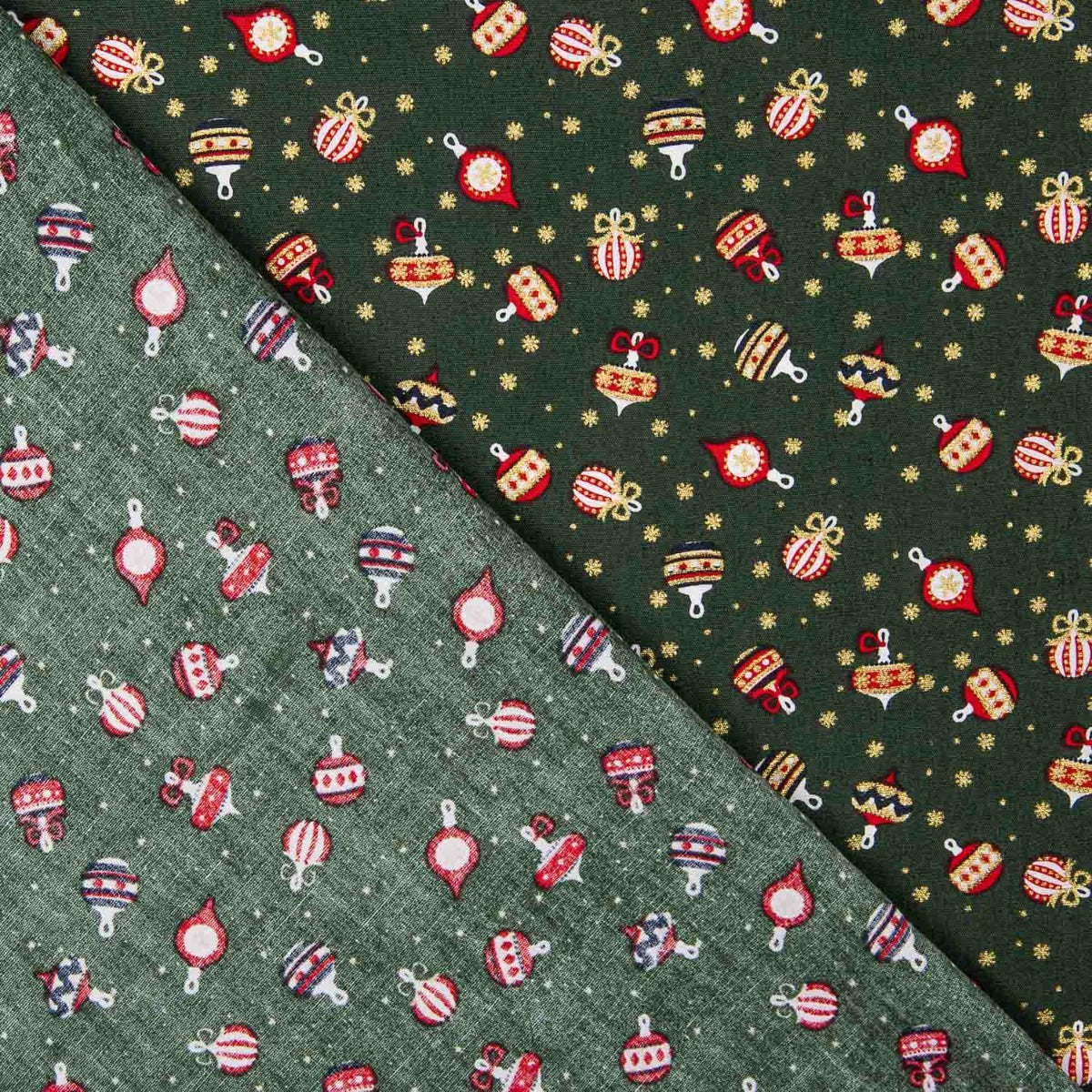 Vintage Green Baubles Printed Christmas Poplin - Ribes y Casals