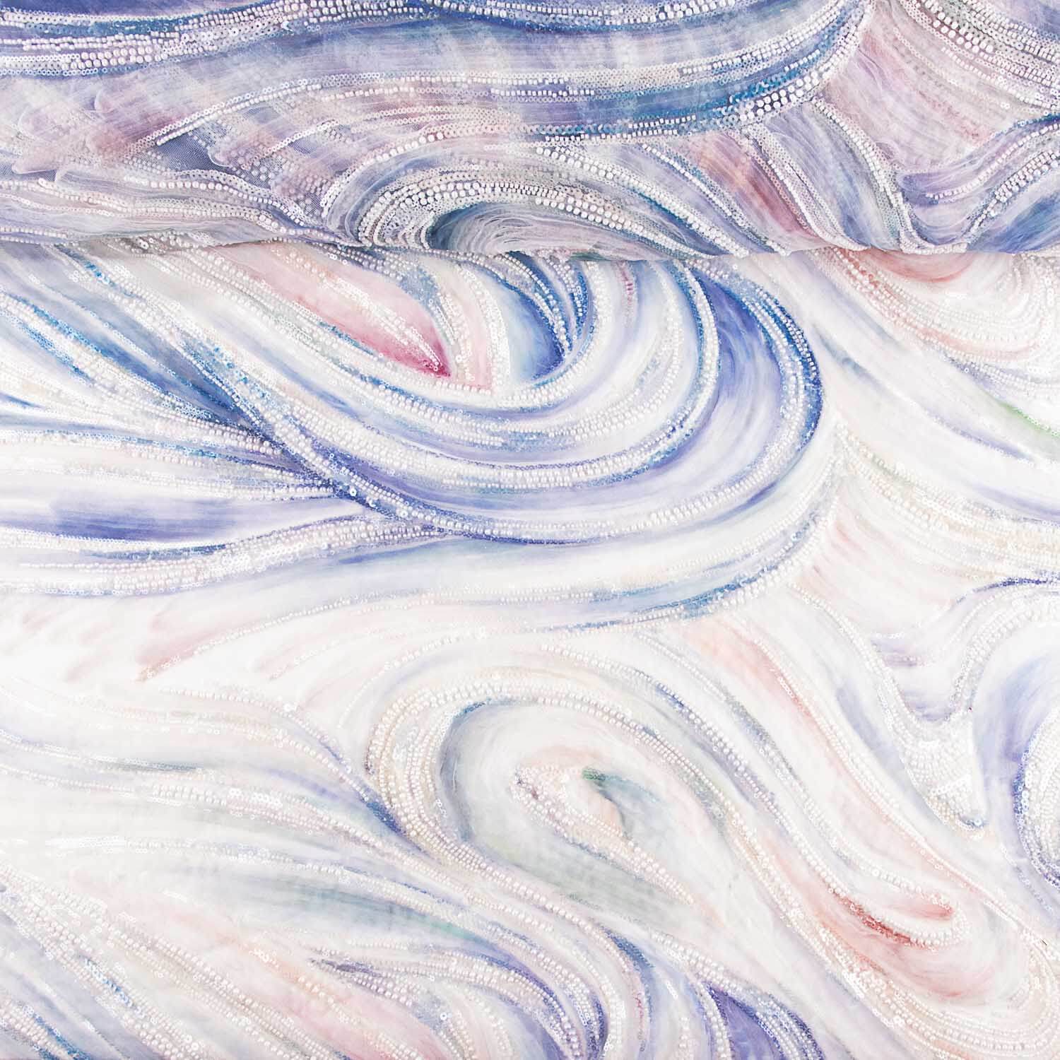 White and Soft Blue Tulle Rhinestones with Gradient Brushstrokes - Ribes y Casals