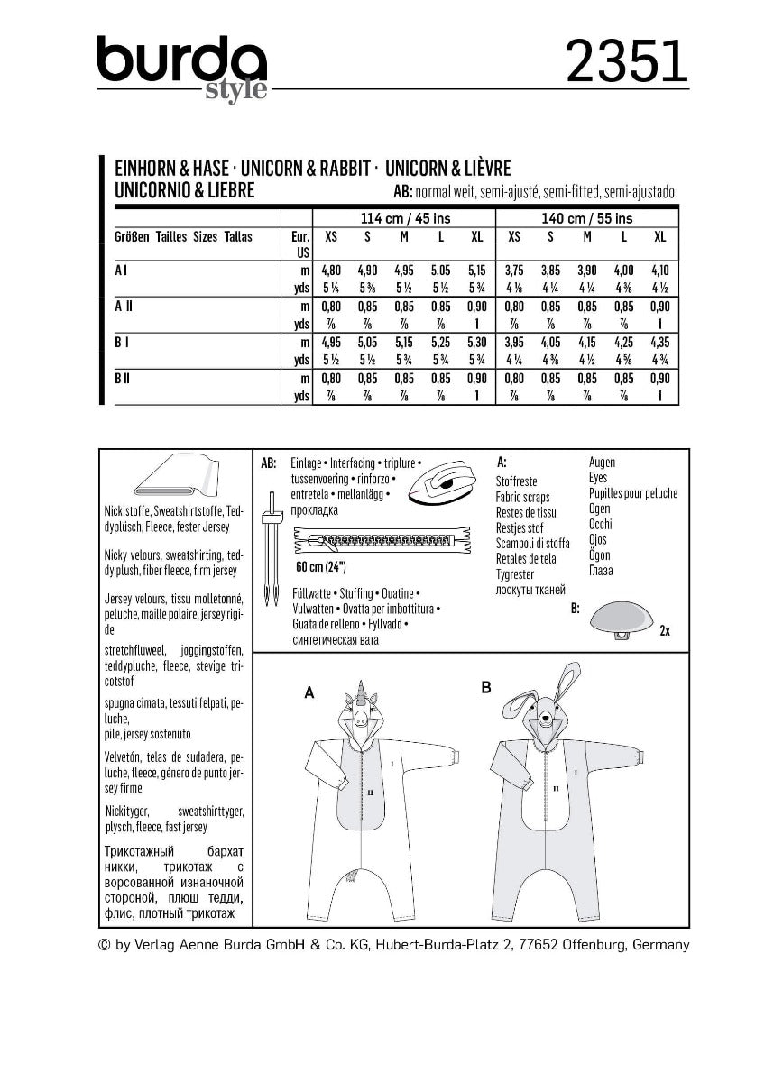 Patrón Burda 2351 Unicornio - Ribes y Casals
