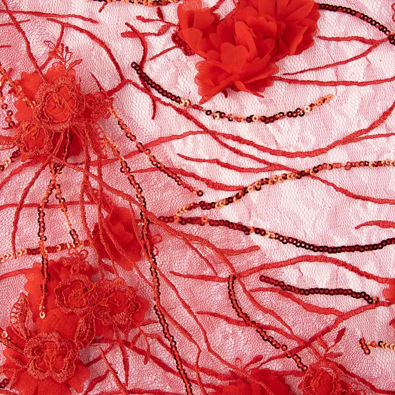 Red Tulle Embroidered with 3D Flowers and Sequins - Ribes y Casals