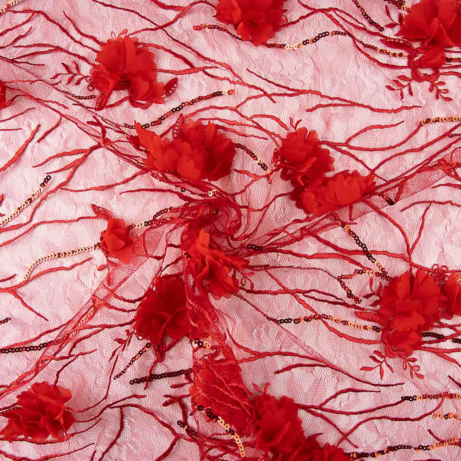 Red Tulle Embroidered with 3D Flowers and Sequins - Ribes y Casals