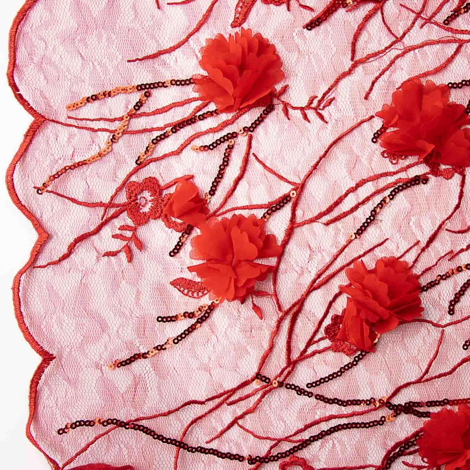 Red Tulle Embroidered with 3D Flowers and Sequins - Ribes y Casals