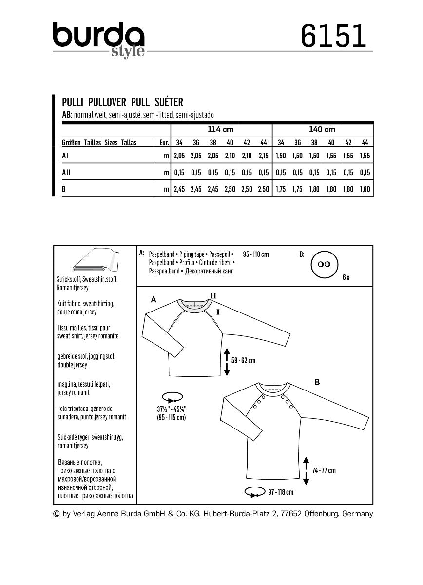 Burda Sewing Pattern 6151 Sweater - Ribes y Casals