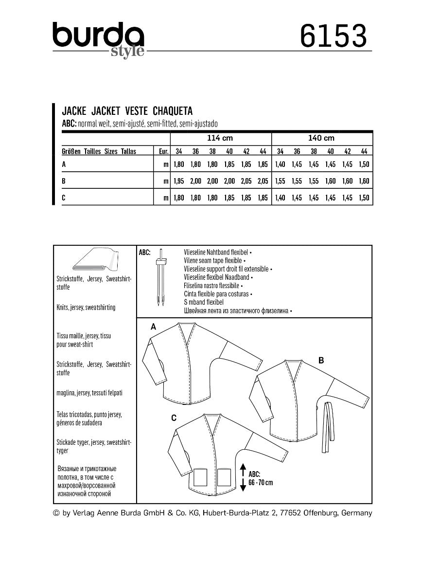 Burda Sewing Pattern 6153 Jacket - Ribes y Casals