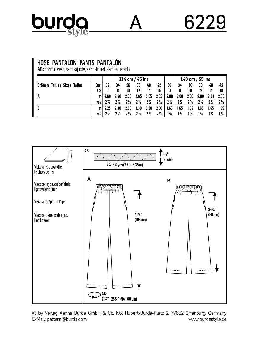 Burda Sewing Pattern 6229 Pants - Ribes y Casals