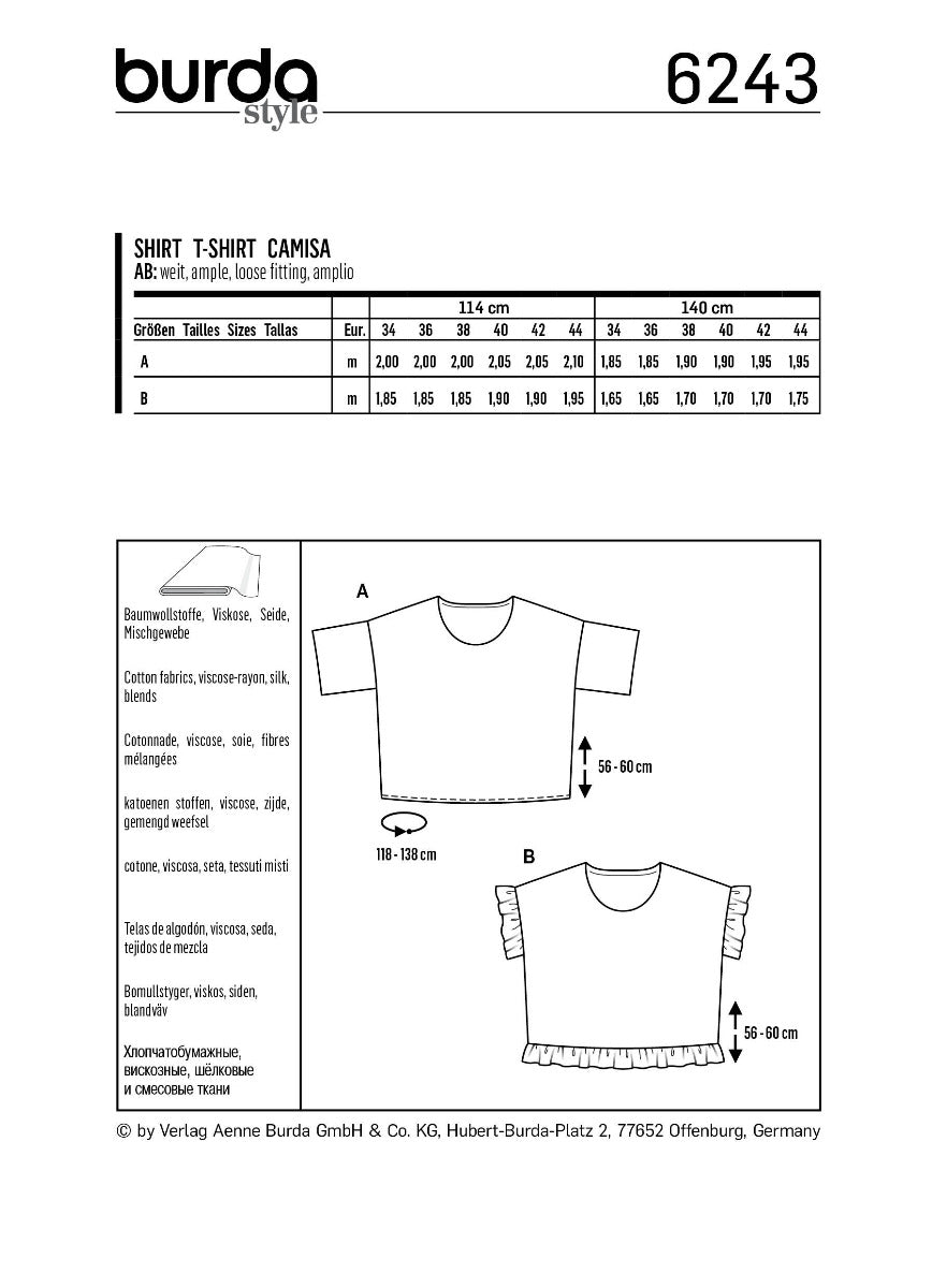 Burda Sewing Pattern 6243 Shirt - Ribes y Casals