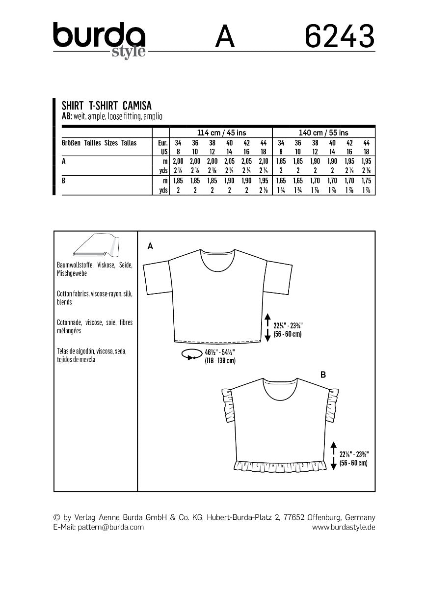 Burda Sewing Pattern 6243 Shirt - Ribes y Casals