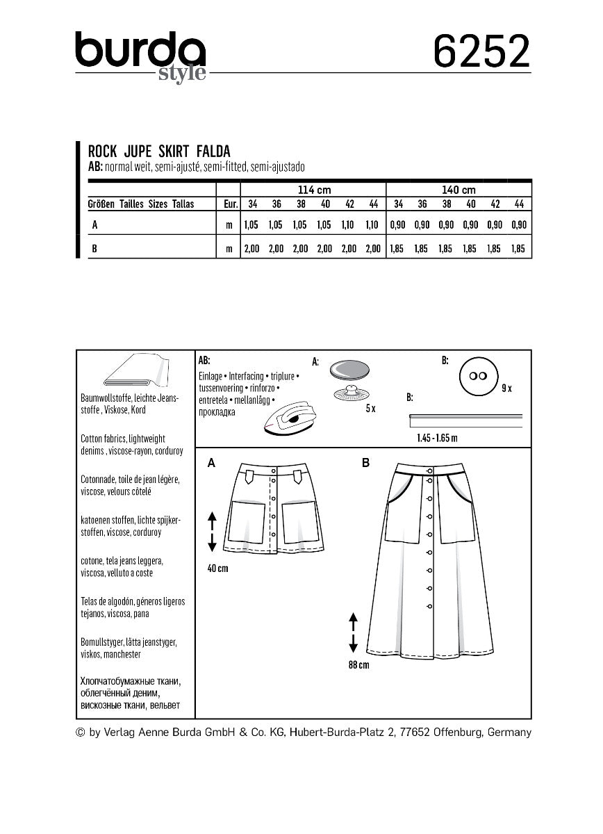 Burda Sewing Pattern 6252 Skirt - Ribes y Casals