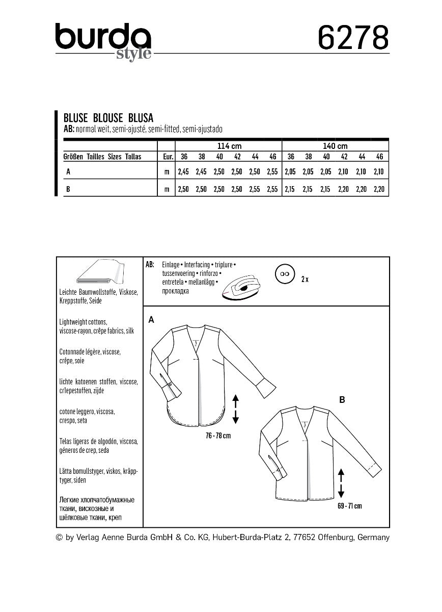 Burda Sewing Pattern 6278 Blouse - Ribes y Casals