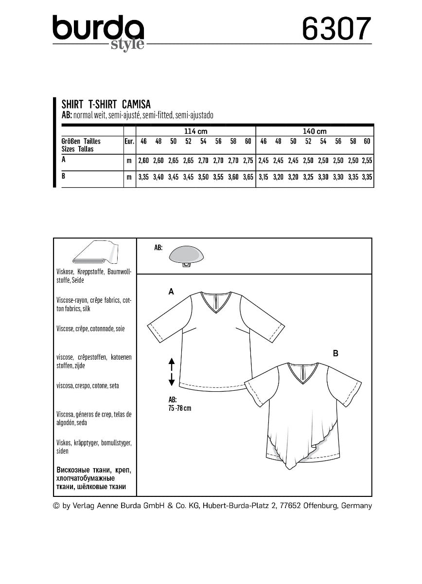 Burda Sewing Pattern 6307 Shirt - Ribes y Casals