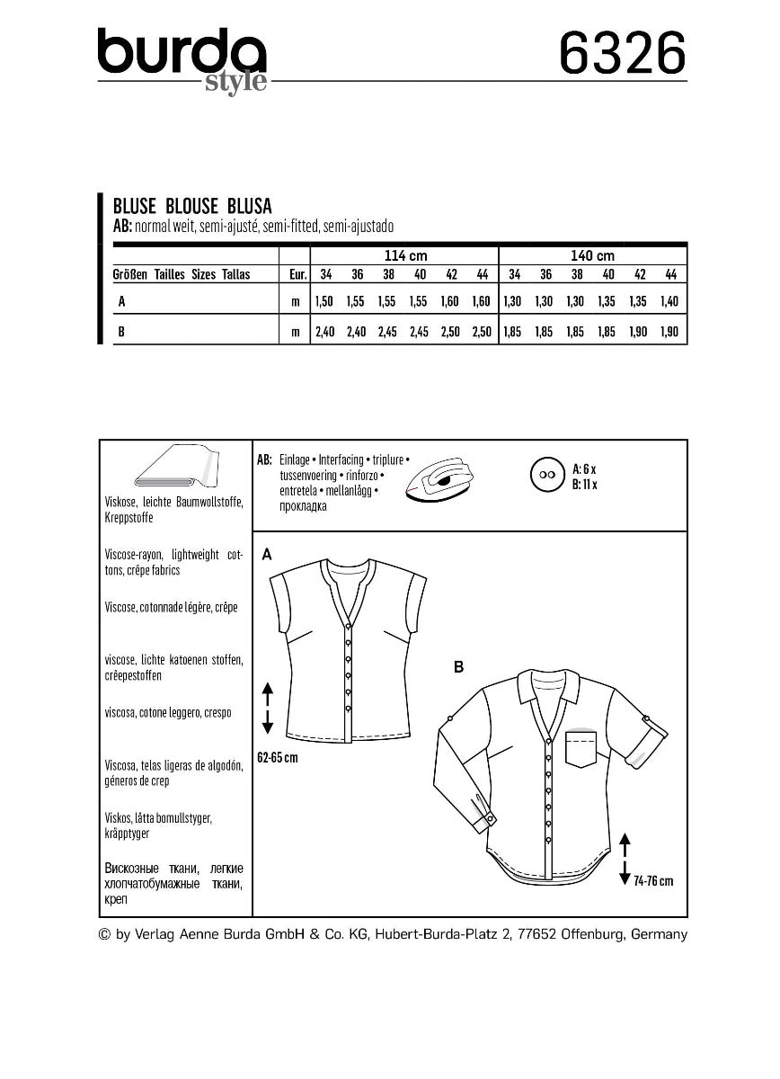 Burda Sewing Pattern 6326 Blouse - Ribes y Casals