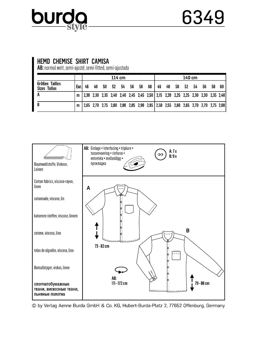 Burda Sewing Pattern 6349 Shirt - Ribes y Casals