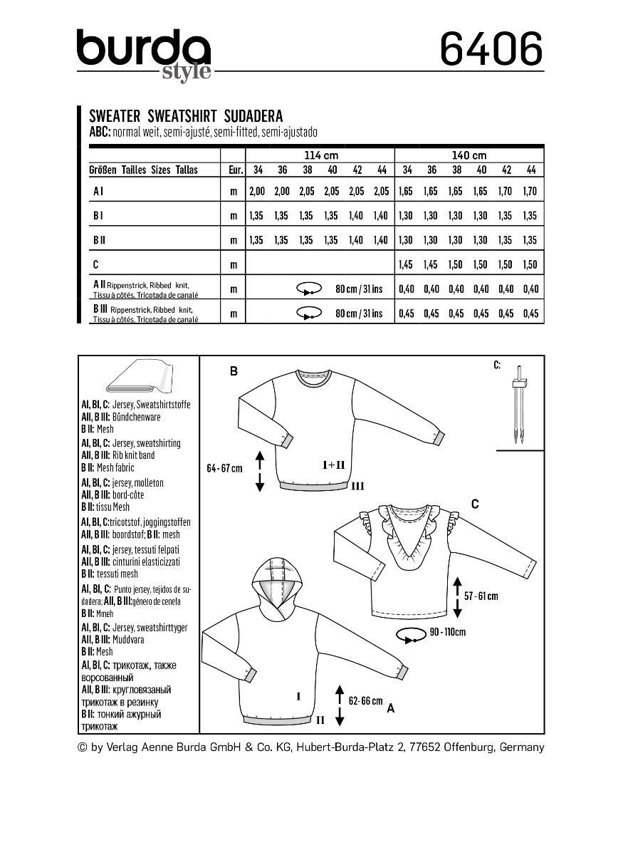 Burda Sewing Pattern 6406 Sweater - Ribes y Casals
