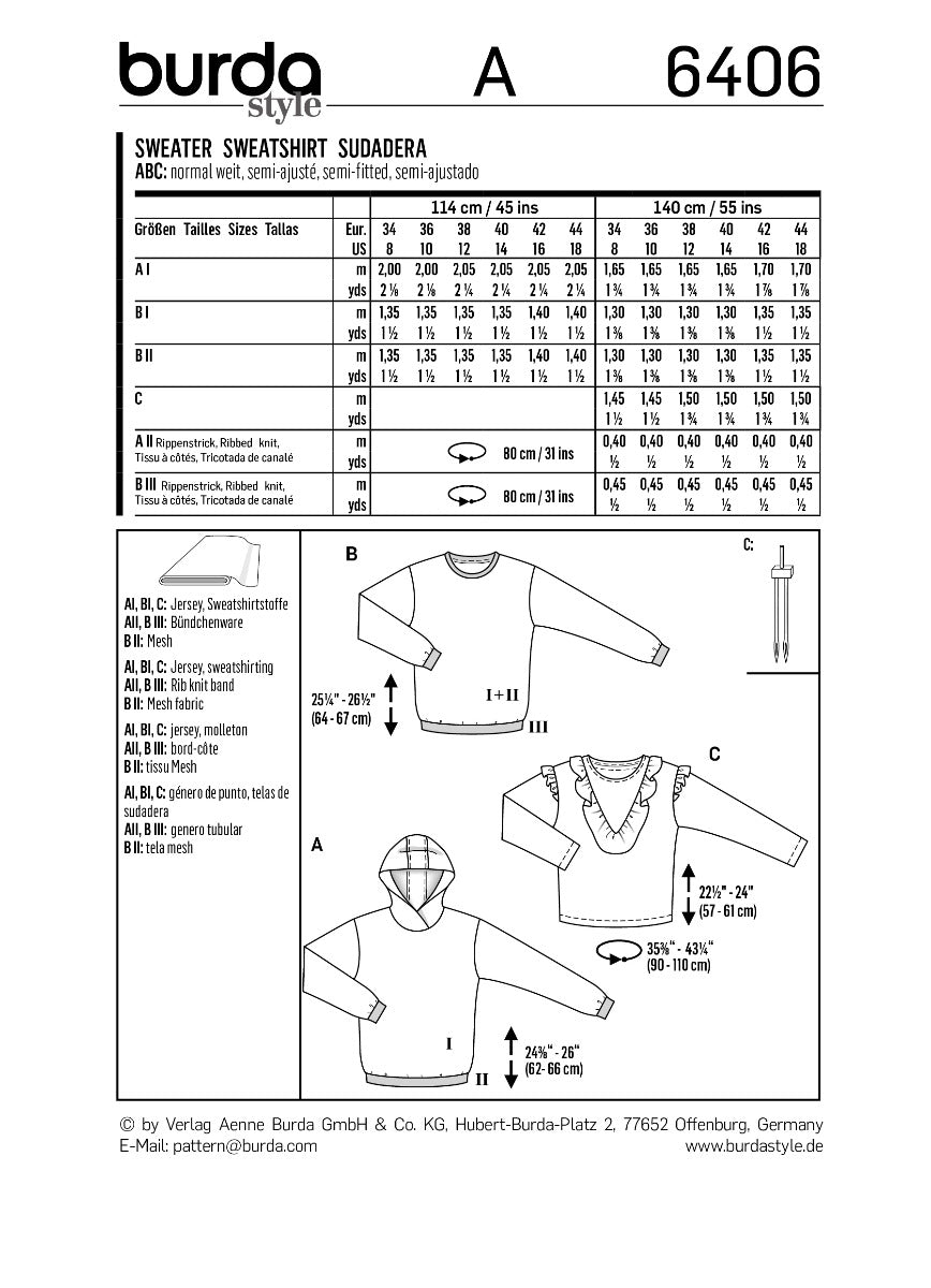 Burda Sewing Pattern 6406 Sweater - Ribes y Casals