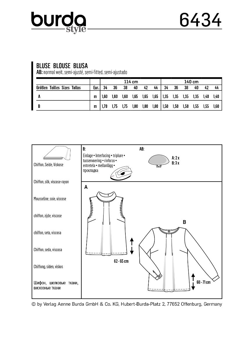 Burda Sewing Pattern 6434 Blouse - Ribes y Casals