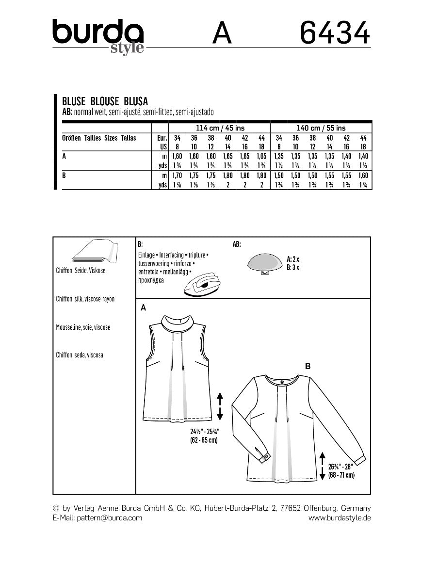 Burda Sewing Pattern 6434 Blouse - Ribes y Casals