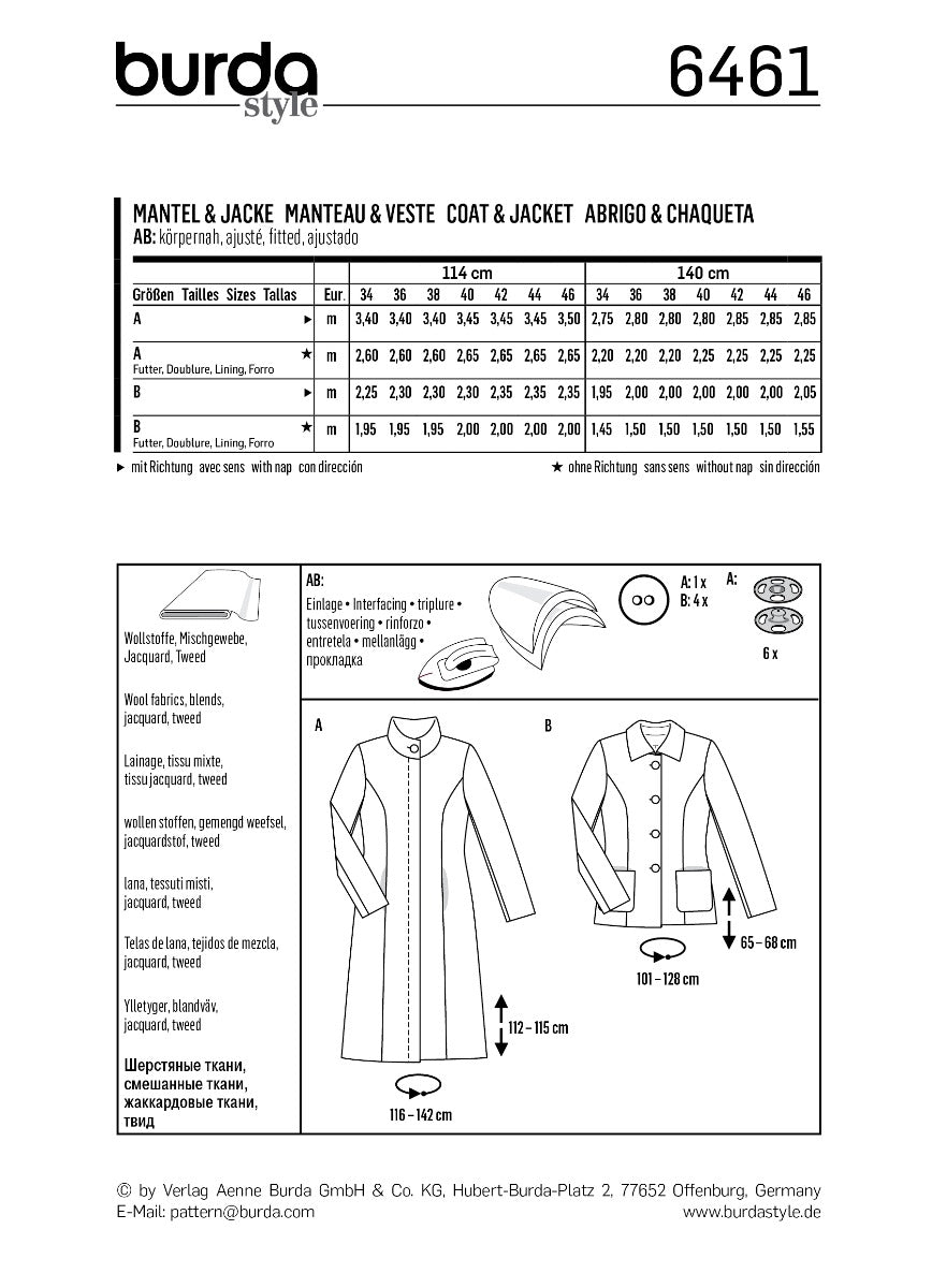 Burda Sewing Pattern 6461 Coat and Jacket - Ribes y Casals
