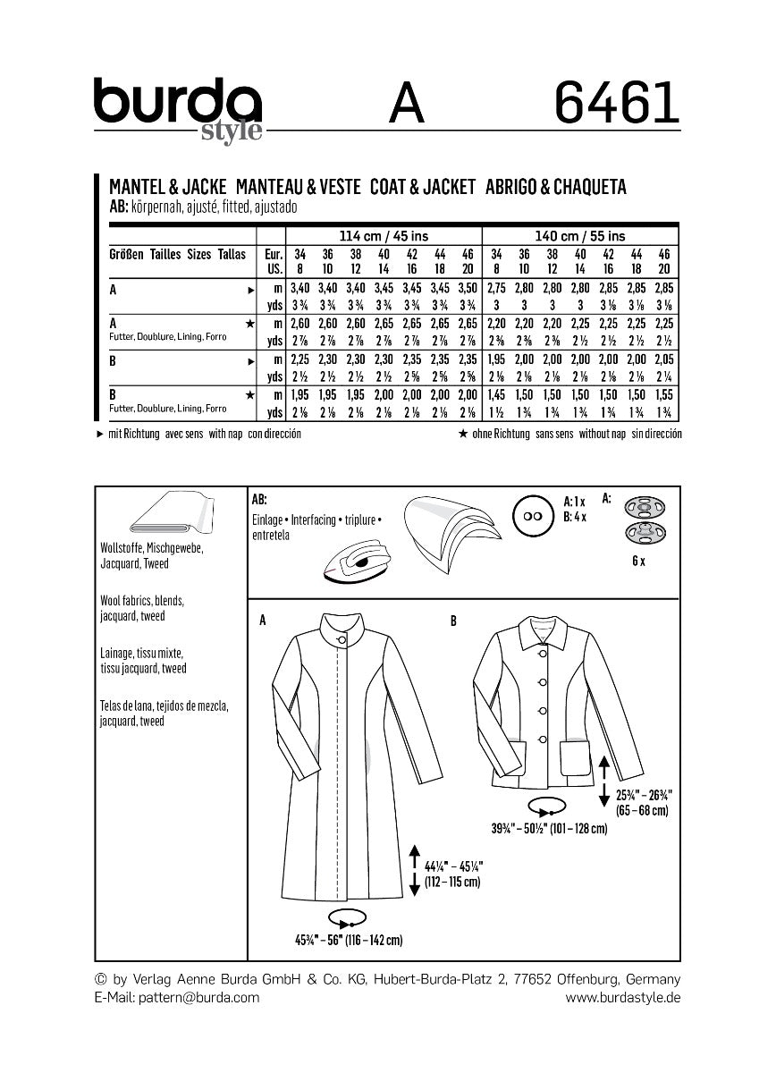 Burda Sewing Pattern 6461 Coat and Jacket - Ribes y Casals