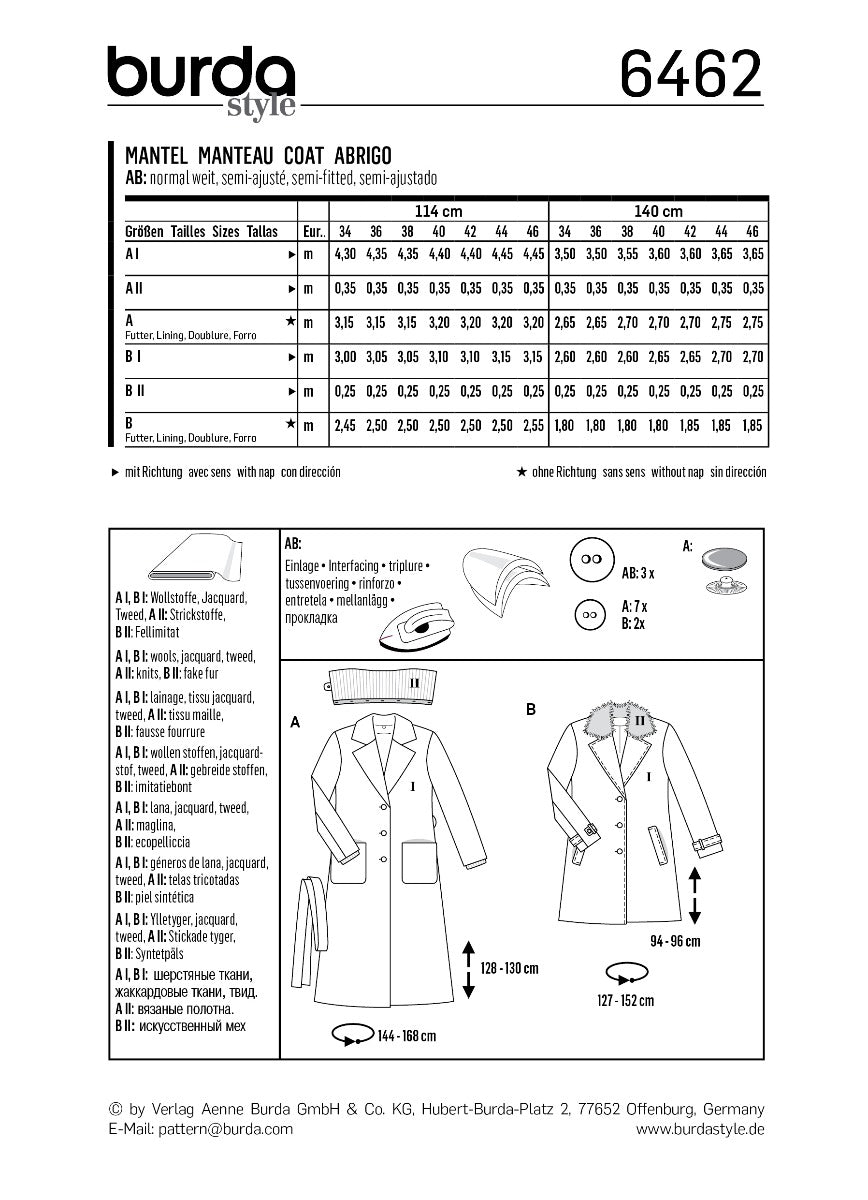Burda Sewing Pattern 6462 Coat - Ribes y Casals