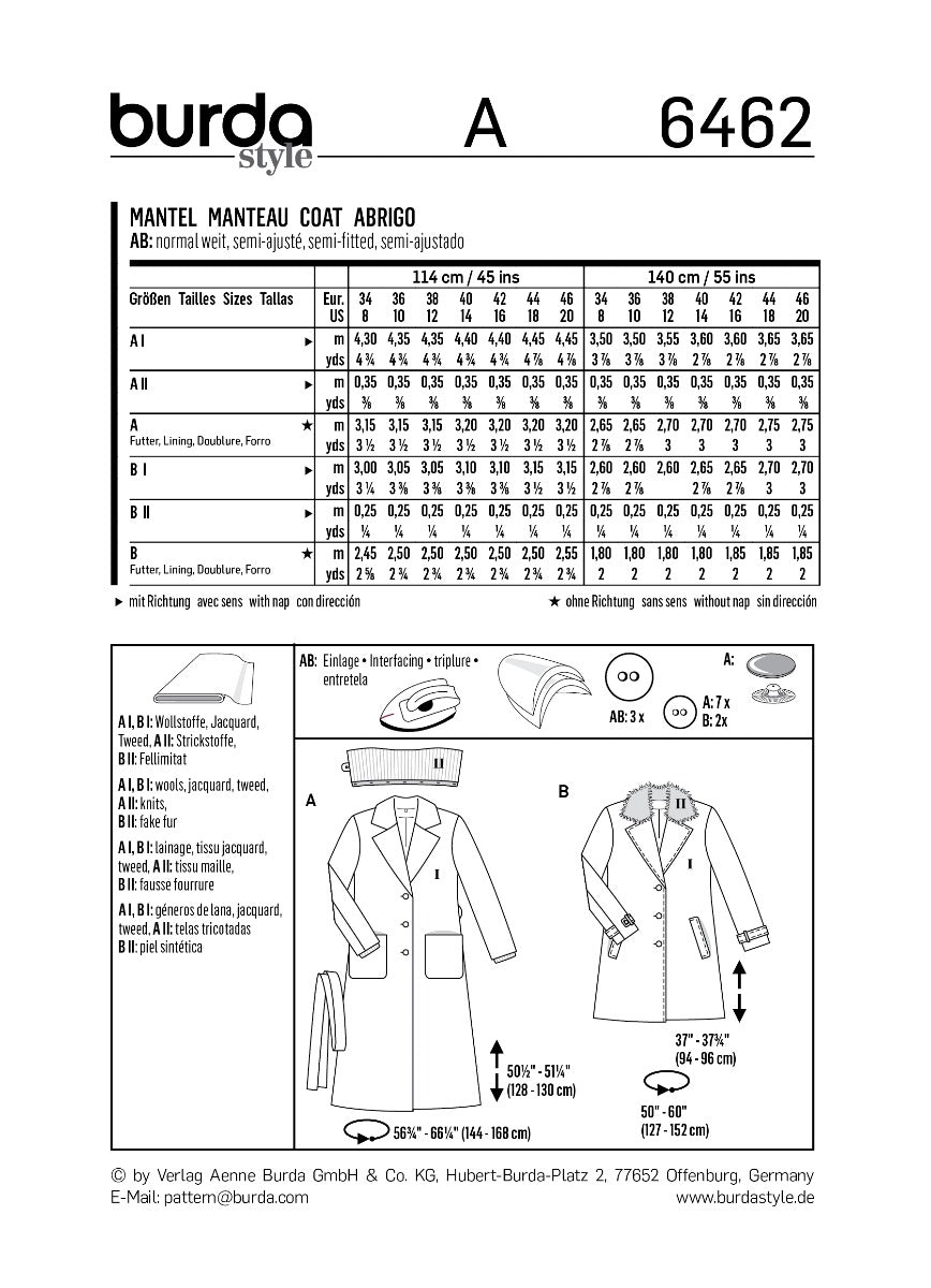 Burda Sewing Pattern 6462 Coat - Ribes y Casals