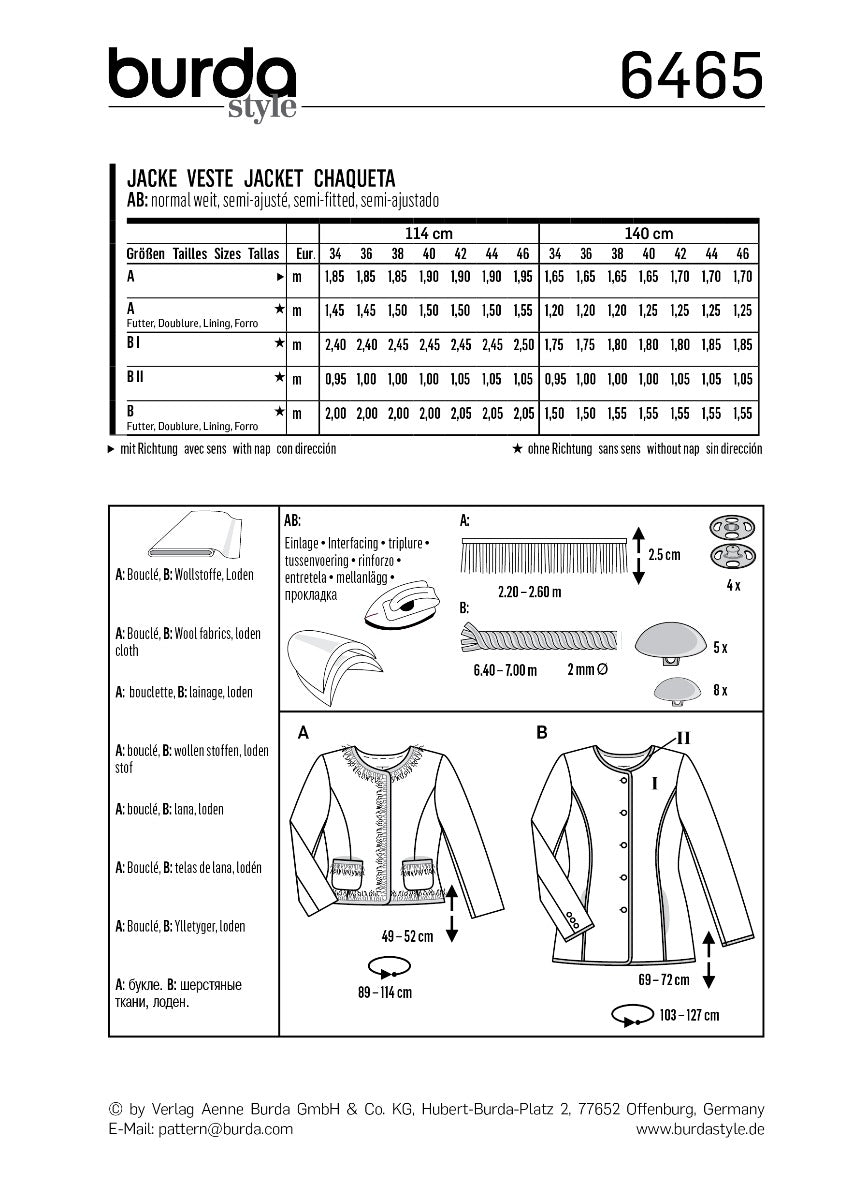 Burda Sewing Pattern 6465 Jacket - Ribes y Casals