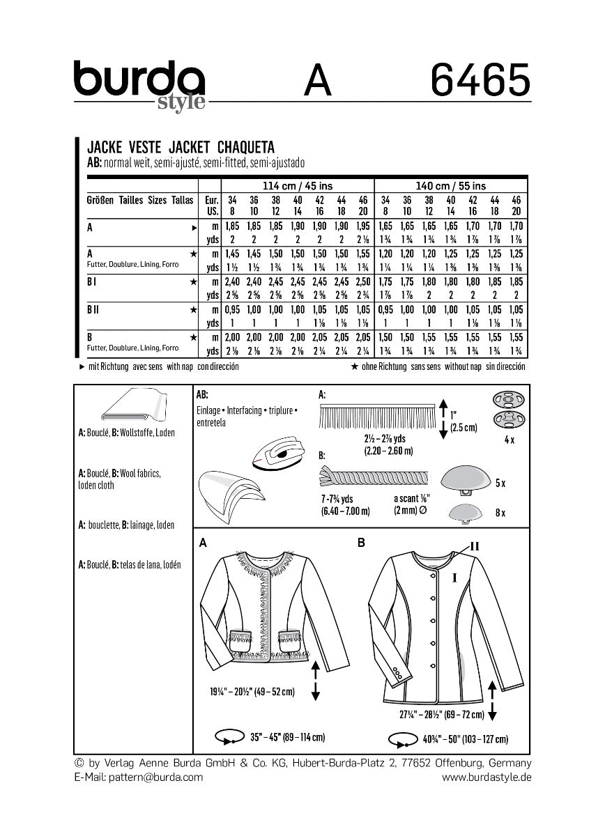 Burda Sewing Pattern 6465 Jacket - Ribes y Casals