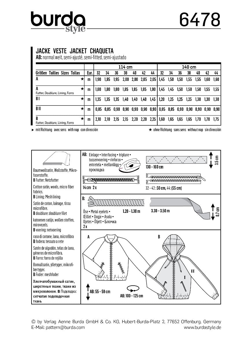 Burda Sewing Pattern 6478 Jacket - Ribes y Casals