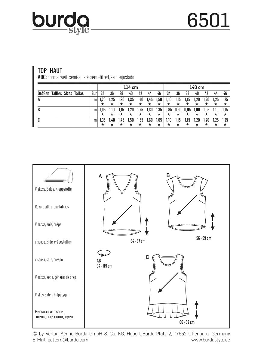 Burda Sewing Pattern 6501 Top - Ribes y Casals