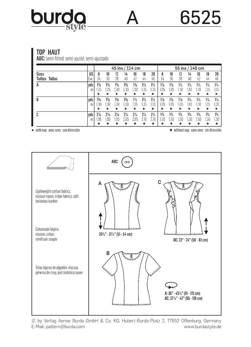 Burda Sewing Pattern 6525 Top - Ribes y Casals