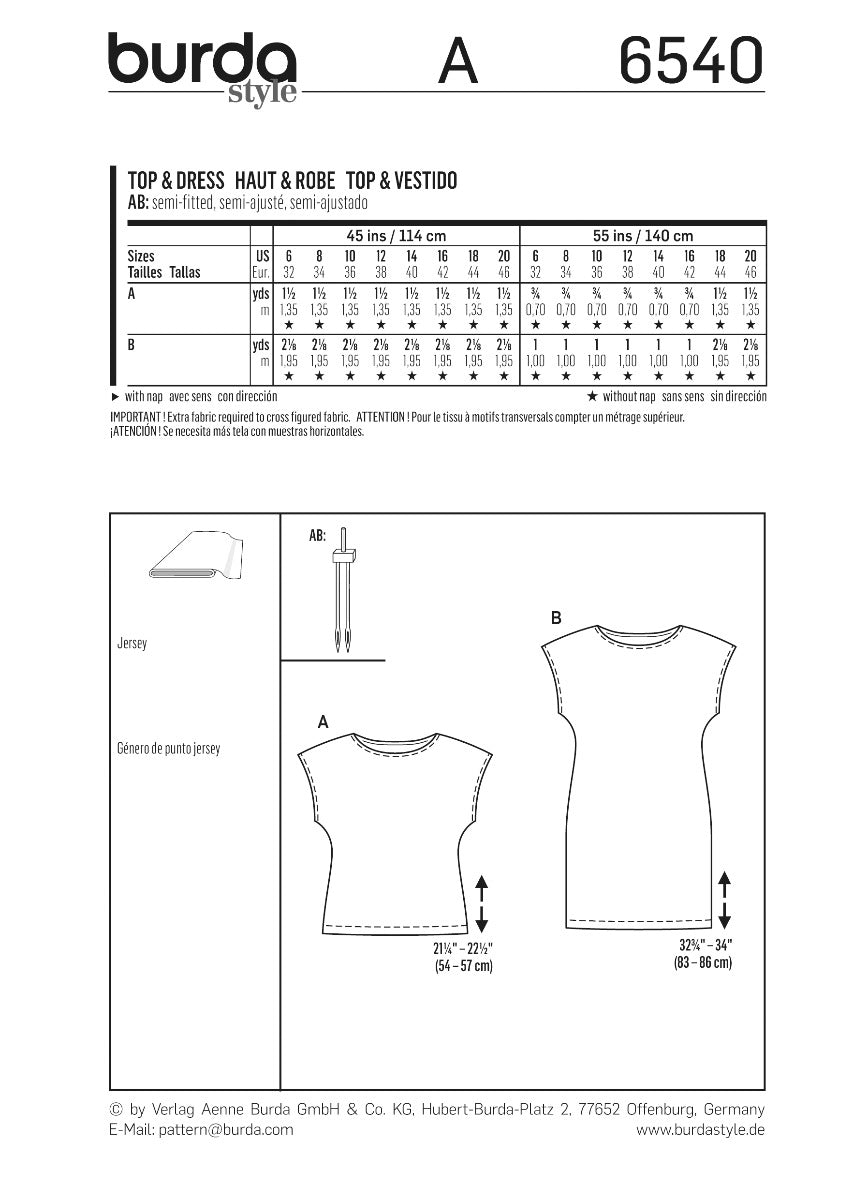 Burda Sewing Pattern 6540 Dress and Top - Ribes y Casals