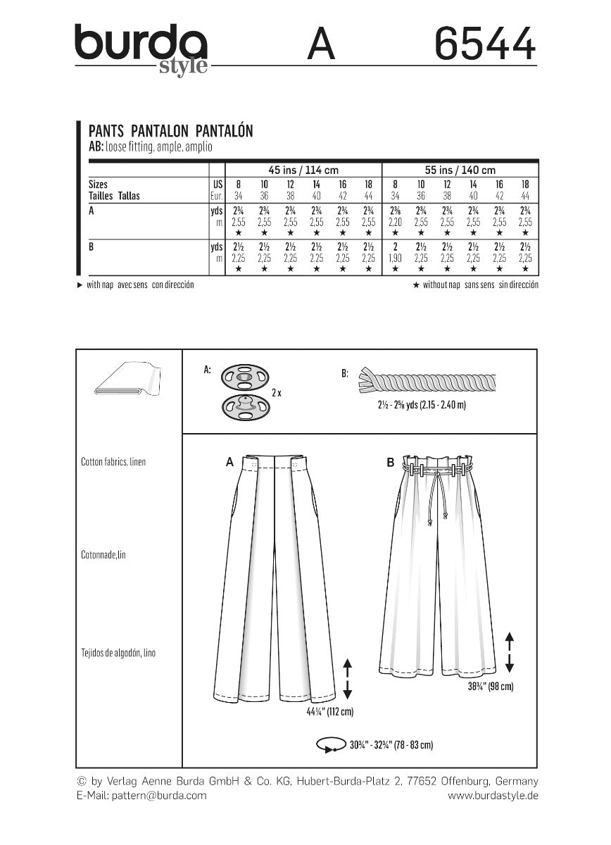 Burda Sewing Pattern 6544 Pants - Ribes y Casals