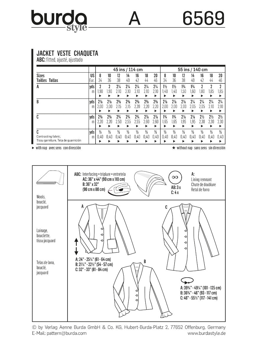 Burda Sewing Pattern 6569 Jacket - Ribes y Casals