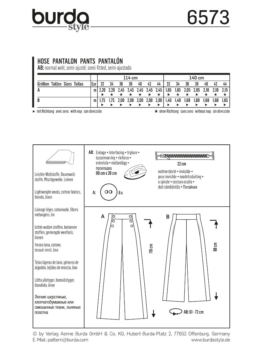 Burda Sewing Pattern 6573 Pants - Ribes y Casals