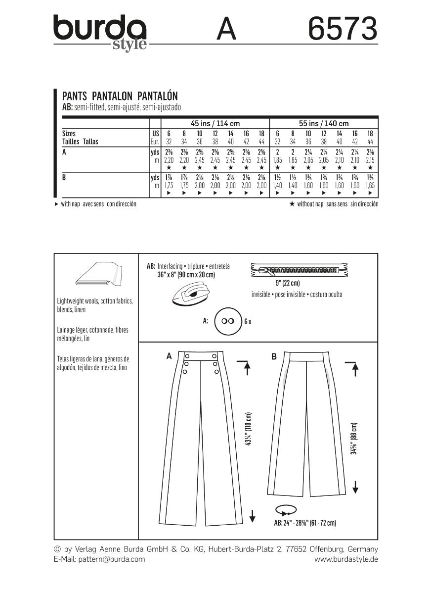 Burda Sewing Pattern 6573 Pants - Ribes y Casals