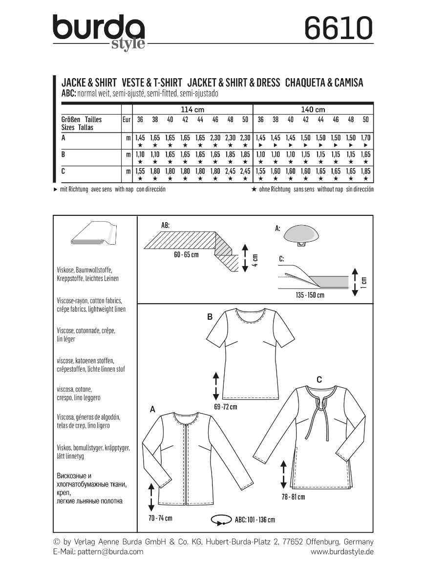 Burda Sewing Pattern 6610 Jacket and shirt - Ribes y Casals