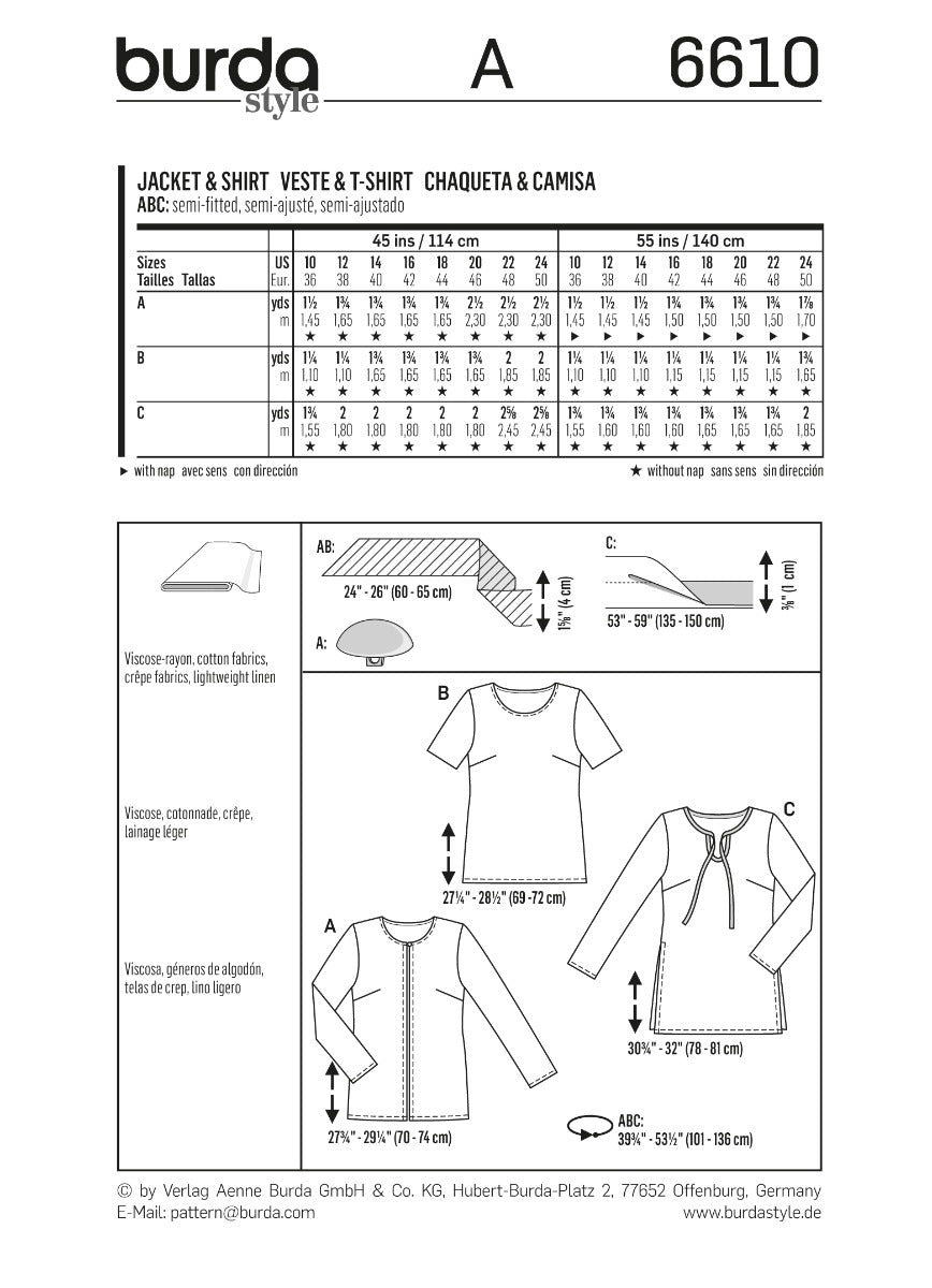Burda Sewing Pattern 6610 Jacket and shirt - Ribes y Casals